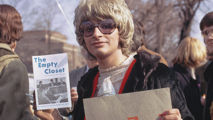 Sylvia Rivera with The Empty Closet publication at Albany Gay Rights rally, 1971