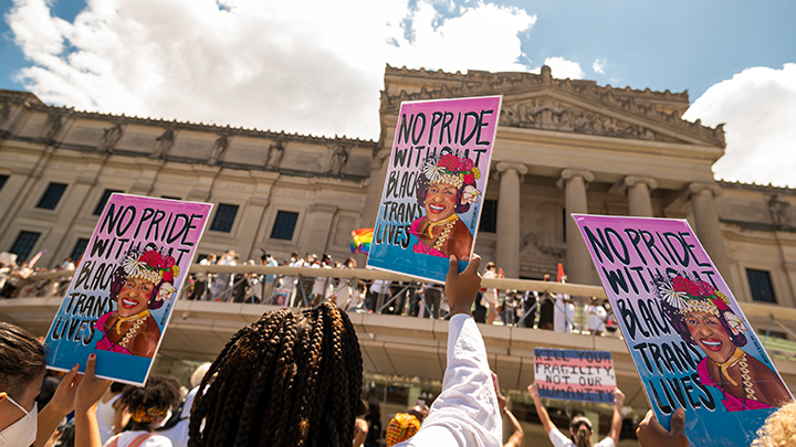 Marsha signs held high at Brooklyn Liberation, 2020